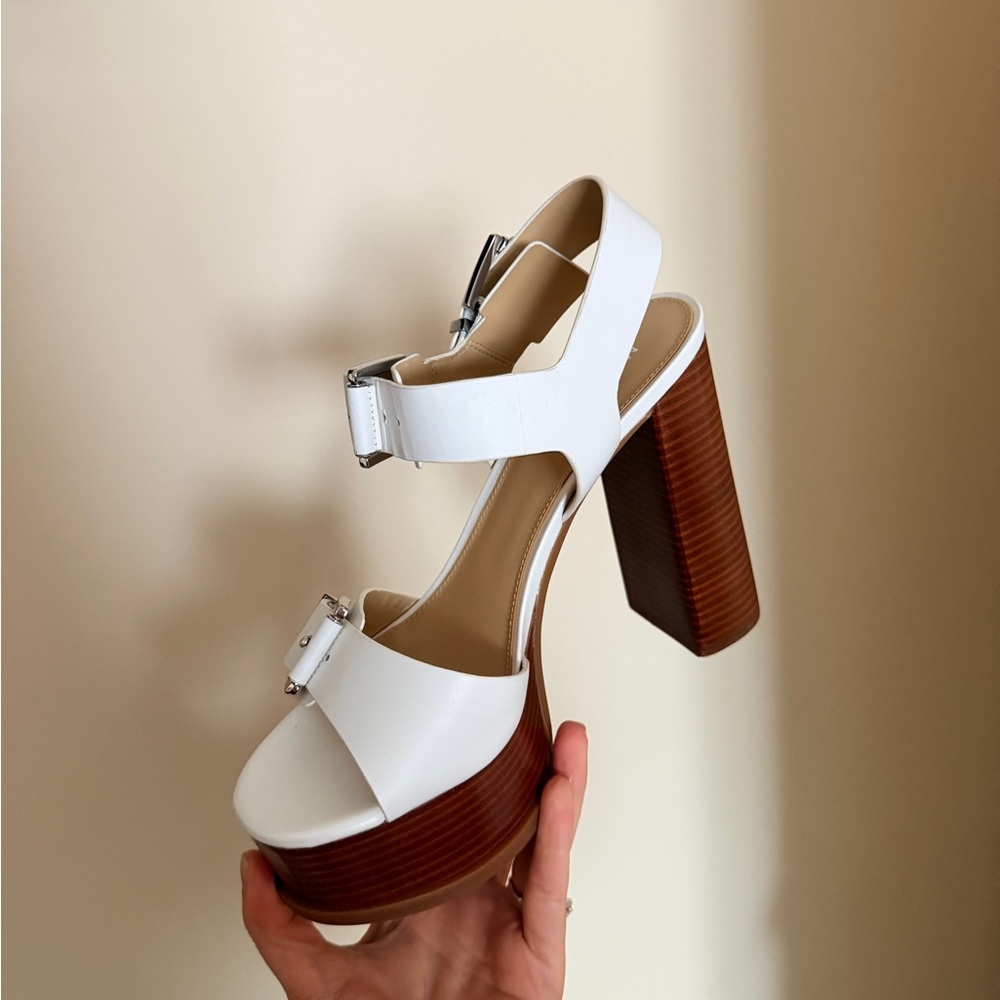 Michael Kors White and Brown Block Heel Sandals - Picture 6 of 8